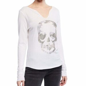 Zadig & Voltaire White Henley Tunisien Tee Top with Rhinestone Skull